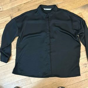 Zara Women’s Long Sleeve Dressy Polyester Black Top Button Down oversize size L